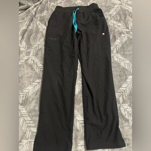 Figs Black scrub Pants with Teal drawstring.